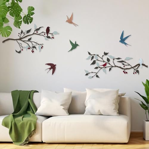 Pduoduo Mural de pájaros de metal multicolor, Pájaros vivos en ramas de metal, Decoración de pared Adecuado para la sala de estar Jardín Balcón Interior Decoración al aire libre