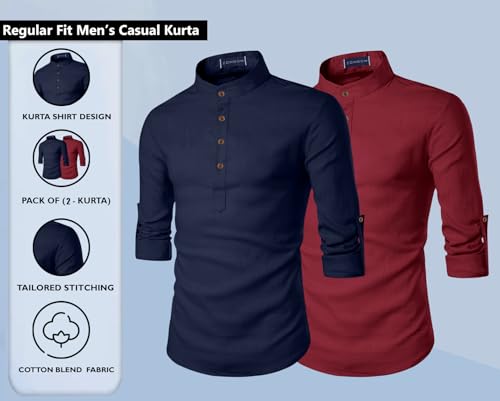 Image of Zombom Men's Combo Cotton Polyester Blend Solid Full Sleeve Straight Regular Fit Mandarin /Chinese Collor Kurta (Pack of 2)