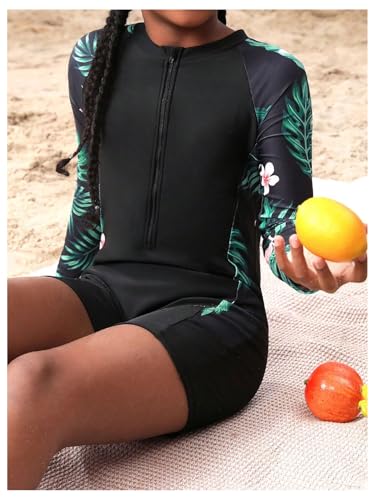SweatyRocks Girl's Rash Guard Hawaiian One Piece Swimsuit Sun Protection Zipper Long Sleeve Bathing Suit4
