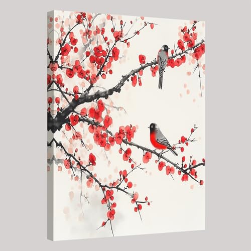 Foto Canvas Cuadro Pintura a tinta Flores de cerezo rojas 40 x 30 cm Pinturas Lienzo para Pared Decoración Hogar Lienzos Arte con Bastidor Sala Comedor Cocina Oficina