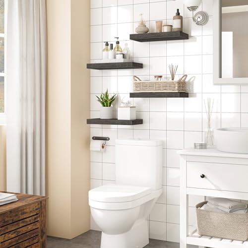 HOOBRO Floating Shelves for Wall, Wall Mounted Shelf Set of 2, 15.7" Hanging Shelf with Invisible Brackets, for Wall in Bathroom, Bedroom, Toilet, Kitchen, Living Room, Office, Charcoal Gray BC40BJ01