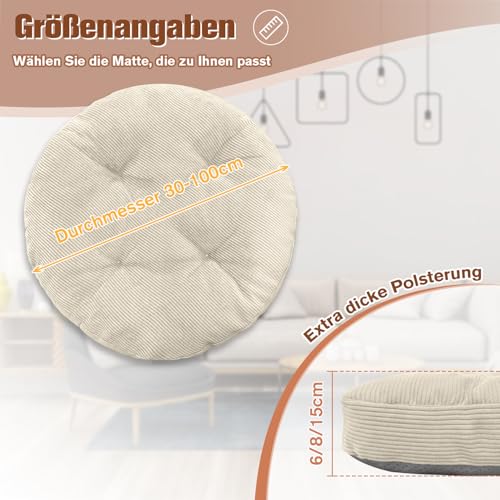 Lsjoaw Sitzkissen Rund 30cm Dicke 6cm 1 Stück Bodenkissen Rund Sitzpolster Stuhlauflage Sitzpolster Stuhlkissen Polster Auflage für Wohnzimmer Büro Konferenzraum Cordstoff (Weiß)