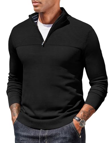 COOFANDY Quarter Zip Jumper Men Casual Mock Neck Polo Pullover Winter Knitted Turtleneck Sweaters Black L