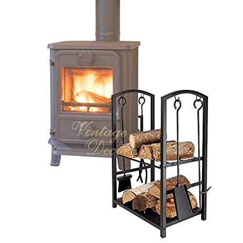 Image of DWD Vintage Decor 2 tier Black Metal Outdoor Indoor Log Rack with Fireplace Accessories (4 tools) I Log Holder with Canvas Carrier bag (2 tier Log holder with 4 tools)