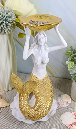 Ebros Gift Art Nouveau Ocean Marine Sea Siren Mermaid With Golden Tail Holding Sea Shell Candle Or Jewelry Holder Decor Figurine 10.25" Tall #TOP9