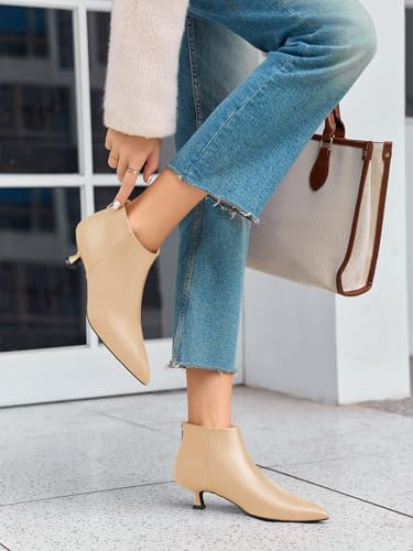 Image of Coutgo Womens Kitten Low Heel Booties Pointed Toe Short Ankle Boots Back Zipper Fall Shoes