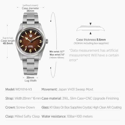 Image of watchdives VH31 Quartz Watch, WD1016 V3 Men Watches 37mm Dial Stainless Steel Wristwatch Sweep Sports Watch 100M Waterproof