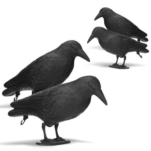 Hoteam 4 Pack Realistic Crow Decoys Life Size Plastic Fake Black Crow Figures for Attracting Crows Hunting Bait Decoys Garden Yard Backyard Decoration Statues Flying Bird Props to Stand or Hang