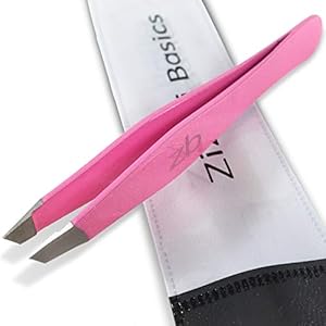 Tweezers – Surgical Grade Stainless Steel – Slant Tip for Expert Eyebrow Shaping and Facial Hair Removal – with Protective Pouch (Bubblegum Pink)