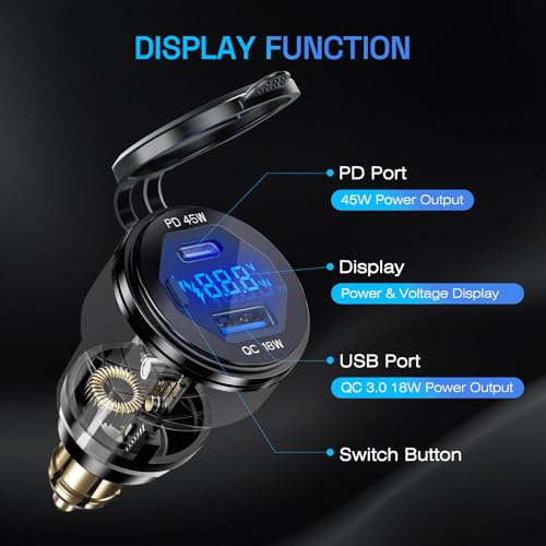 Din Hella Stecker auf USB Ladegerät Adapter: 45W USB C PD3.0 & 18W QC3.0 Motorrad Ladegerät Steckdose für 12V-24V BMW Triumph Tiger Ducati, Wasserdicht Dual Phone Schnellladeanschluss Powerlet mit LED