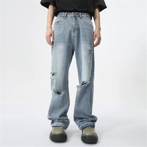 Men's Straight Jeans Worn-Out Hole American Style Wide Leg Denim Pants4