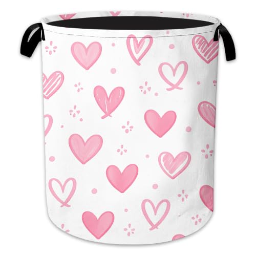 Image of Laundry Hamper, Pink Heart Collapsible Doodle Heart Laundry Baskets Waterproof Oxford Cloth With Handles, Clothes Storage Bucket For Bathroom /Bedroom 16 inch x 20.8 inch