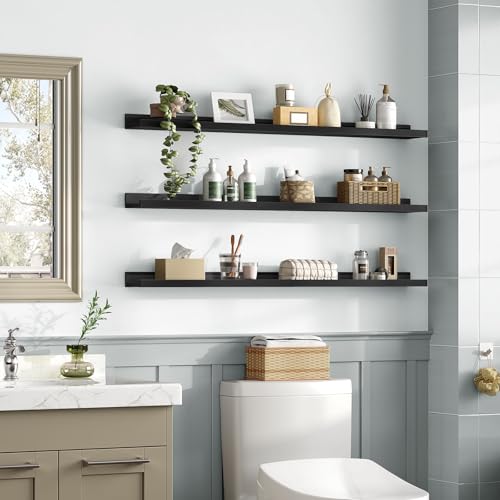 Image of HOOBRO Floating Shelves, Wall Shelf Set of 3, 47.2 Inches Hanging Shelf with Raised Edge and Invisible Brackets, for Bathroom, Bedroom, Kitchen, Office, Living Room Decor, Black BK92BJ01