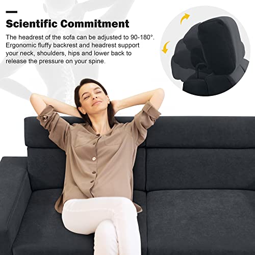 Deinppa Upgrade 87* Modern Minimalist Style Modular Sofa Couch With Multi-Angle Adjustable Headrest, Cozy Upholstered Velvet Loveseat For Living Room,Studios, Salon-Black #TOP2