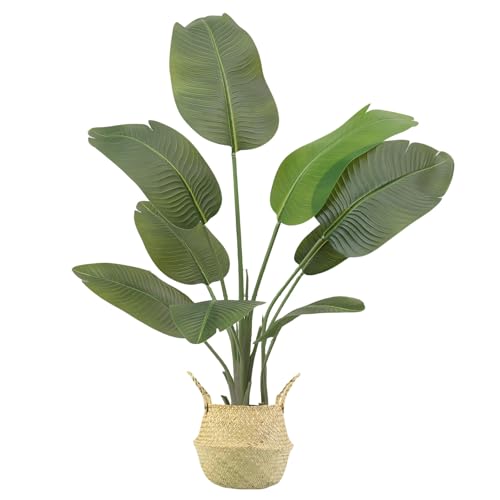 Vixplorn 観葉植物 旅人の木 フェイクグリーン 高さ約120cm 9枚の葉 大型人工観葉植物 鉢&編みかご付き おしゃれ インテリア飾り 室内 リビング オフィス キッチン 飾り用 新年プレゼント