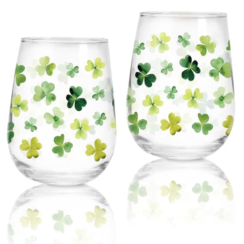 Whaline 2Pcs St. Patrick's Day Stemless Wine Glasses Clear Drinking
