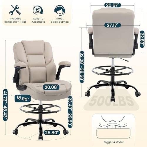 Image of Drafting Chair 500Lbs, Tall Office Chair for Standing Desk, High PU Leather Executive Office Chair with Flip-up Armrests, Ergonomic High Chair with Adjustable Foot Ring, Comfy Stool Chairs, Beige