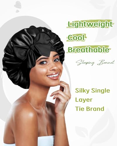 BONNET QUEEN Silk Bonnet for Sleeping Women, Satin Bonnet for Curly Hair, Night Sleep Cap with Adjustable Tie Band, Soft Hair Bonnet Head Wrap for Natural Hair Care, Medium, Black