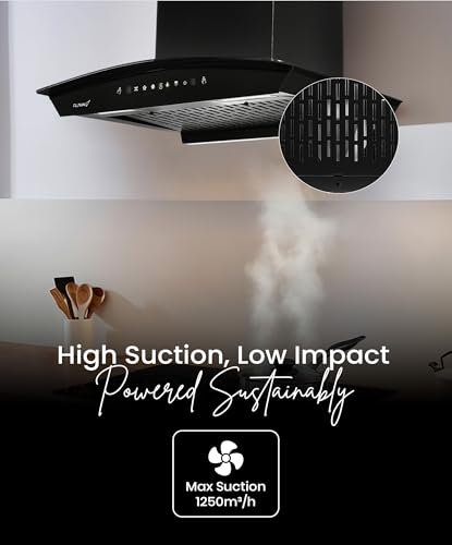 Image of Ruwa Rave 60 Auto Clean Filterless Kitchen Chimney, 60cm, 1250 m /hr Suction Power, Curved Glass Design, Motion Sensor, Touch Control, Installation Kit Included, 7-Year Motor Warranty