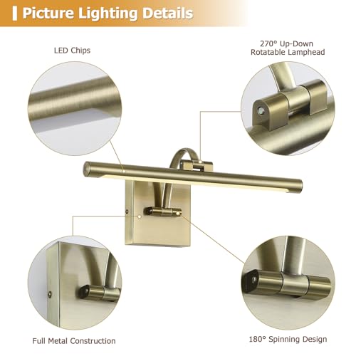 Image of DESOOP Picture Lights for Wall Hard-Wired Antique Bronze Picture Lighting Dimmable Art Light LED Gallery Lighting for Wall Portrait Artwork 15.75 inch 7W 2700K