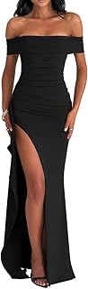 LAGSHIAN Women's Elegant Bodycon Off Shoulder Sleeveless High Split Ruched Long Formal Evening Dress