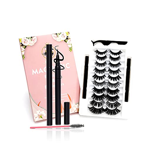 Aimery Magnetic eyelashes with eyeliner kit natural looking, magnetic lashes with eyeliner for natural false Eyelashes set, Fake eyelashes upgrade Softer 10 pairs and 2 tube liquid Eyeliner