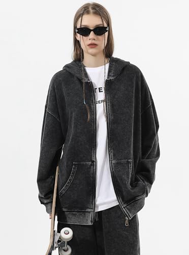 Mens Oversized Sweatshirt Zip Up Hoodie Solid Wash Old Craft Basic Jackets Unisex Heavyweight Casual Sweatshirts4