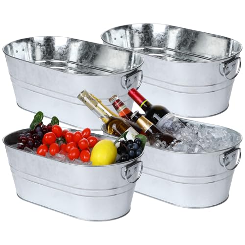 Galvanized Tub Beverage Tubs, 4pcs Metal Ice Buckets for Cocktail Bar 3 Gallon Wine Beer Drink Buckets with Handles Large Tub Cooler Mimosa Bar Supplies Ice Bucket for Parties (Galvanized)