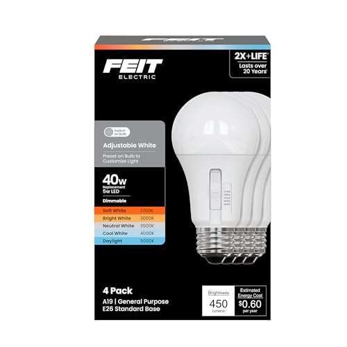 Feit Electric A21 LED Light Bulb, Adjustable White 2700K–5000K, Dimmable, 1500 Lumens, E26 Base, 25,000-Hour Lifetime (Adjustable White, 40, Watts)