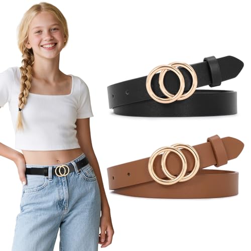 SUOSDEY 2 Pack Kids Leather Belts for Girls Solid Colors Skinny Belt for Teen Girls with Double O-Ring Buckles