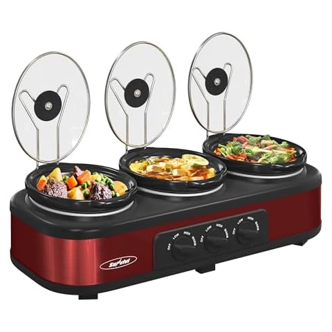 Sunvivi Triple Slow Cooker Buffet Servers and Warmer,3 Pot Food Small Mini Manual Slow Cooker with Adjustable Temp Stainless Steel Lid Rests,Removable Ceramic Pot, 3 * 1.5 Quarts Red Cover