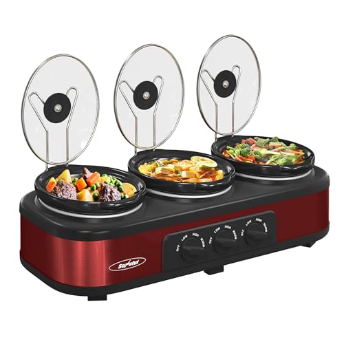Sunvivi Triple Slow Cooker Buffet Servers and Warmer,3 Pot Food Small Mini Manual Slow Cooker with Adjustable Temp Stainless Steel Lid Rests,Removable Ceramic Pot, 3 * 1.5 Quarts Red
