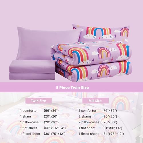 Image of Twin Comforter Set for Girls-5 Pieces Rainbows Glow in the Dark Bedding Set | Soft Bed in A Bag Twin with Sheet, Pillowcases & Shams