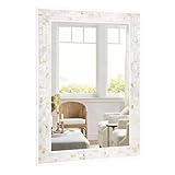 DUQIMO Mosaic Mirrors for Wall 20x28 Inch, Natural Mother of Pearl Inlay White Framed Rectangle Mirror for Bathroom, Bedroom or Entryway