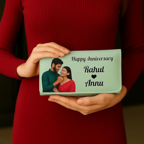 Image of Customized Photo Women Wallet RFID Safe - Photo and Text Engraved on Mini Non Leather Ladies Hand Purse, Birthday or Anniversary or Valentine's Day Personalized Gift for Girls or Woman (Green)