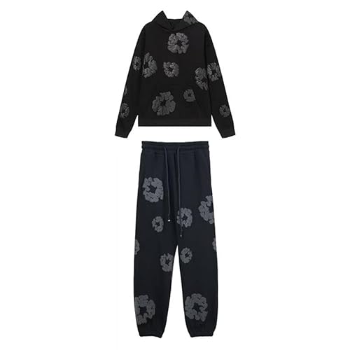 Sudiup Y2K Hip Hop Men's Hoodie Set Foam Printed Casual Retro Harajuku Set (Black 1,Medium)