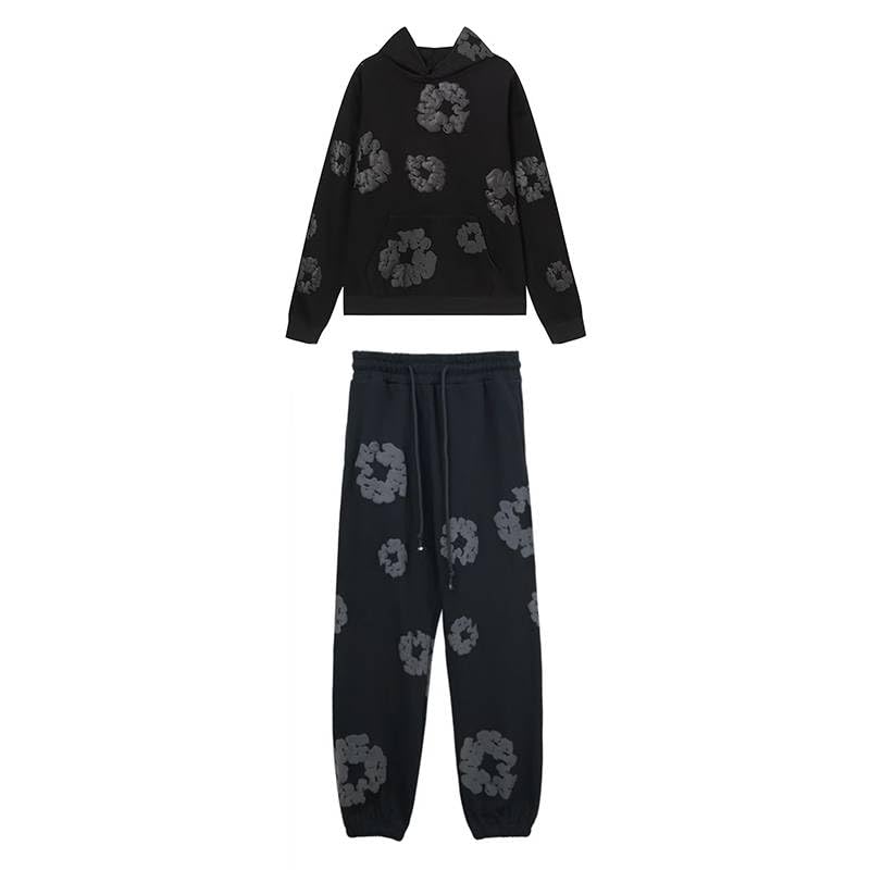 Sudiup Y2K Hip Hop Mens Hoodie Set Foam Printed Casual Retro Harajuku Track Suit (Black 1 Medium)