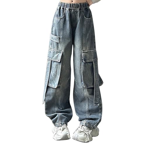 Girls Cargo Jeans Baggy Wide Leg Streetwear Denim Pants Teen Kids Retro Loose Fit Jeans Multi Pockets High Waist Pants