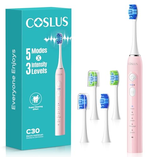 COSLUS Sonic Electric Toothbrush for Kids & Adults: Deep Teeth Cleaning & Whitening - 5 Modes & 3 Intensity Levels for Sensitive Teeth & Braces, 2 Types of Brush Heads for Home Family, Pink, C30