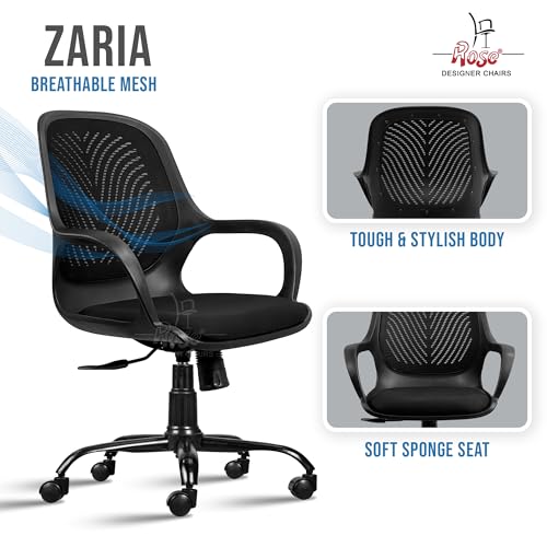 Image of ROSE Zaria | 3 Years Brand Warranty | Ergonomic mesh mid-Back Office Chair, Perfect for Study, Work from Home, revolving, Rolling Computer Desk Chair (Black, Revolving)