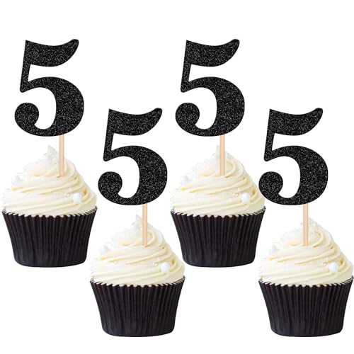 30 PCS 5th Birthday Cupcake Toppers Glitter Number 5 Cupcake Picks Age Five Cheers to 5 Years Old Cake Decorations for Baby Shower Kids Happy 5th Birthday Anniversary Party Supplies Black