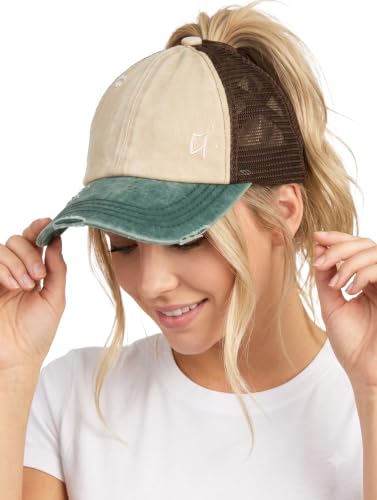 Funky Junque Women's Criss Cross Ponytail Baseball Cap Distressed Camo Trucker Hat with Hole for Messy Bun - 3 Tone - Beige/Hunter Green/Black