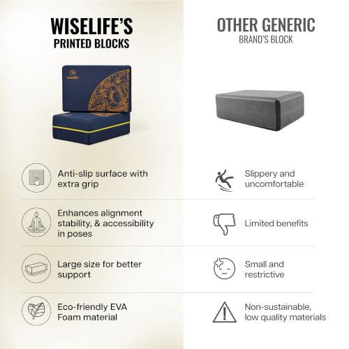 Image of WiseLife Printed Yoga Blocks | Yoga Brick (Pack of 2, Extra Large Size), High-Density EVA Foam Soft Surface for Balance, Support & Performance, Strength Training Exercise (Navy Blue)