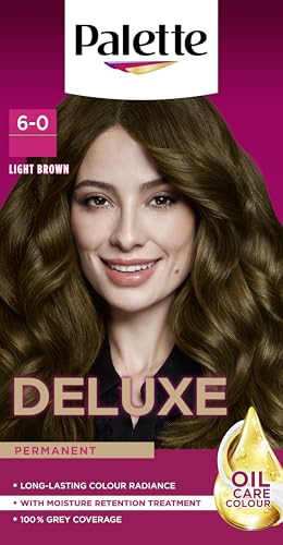 Palette Deluxe Creme Colouration 6-0 Light Brown Hair Dye Permanent Hair Dye Long-Lasting Hair Colouring with Moisture Retention Treatment and 100% Grey Coverage