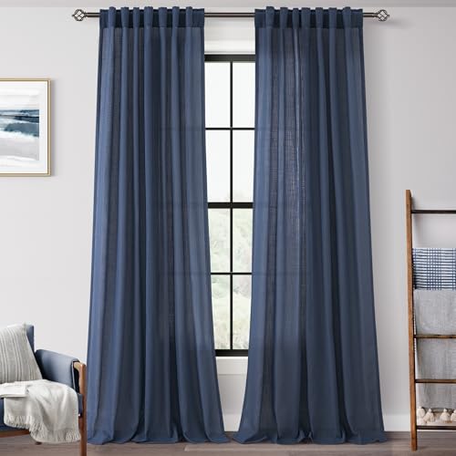 Navy Blue Curtains 86 inch Length for Bedroom Back Tab Light Filtering Semi Sheer Blue Living Room Curtains Linen Cotton Textured Indigo Blue Drapery Panel Modern Farmhouse Aesthetic Decor Dark Blue