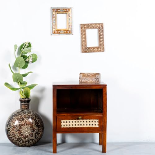Image of Wooden Bedside Table for Bedroom with Drawers | Solid Wood Safor Rattan Bed Side Table with Drawers | Side Table for Living Room | Traditional Rajasthani Art Chest of Drawer for Home (Teak)