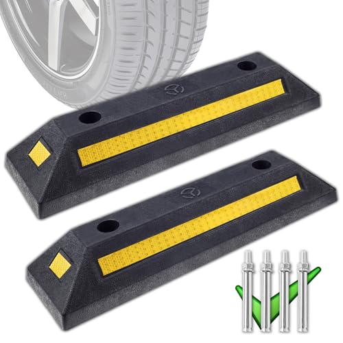 2 Pack Heavy Duty Rubber Parking Stopper for Garage, Wheel Stops for Parking with Reflective Safety Strips and 4 PCS Expansion Bolts, High Visibility Tire Blocks for Car, Truck, RV, Trailer, Vans