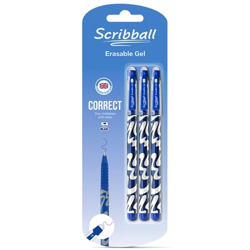 Scribball Blue Erasable Pens 0.7mm Bullet Tip (Pack of 3) For Students Adults Handwriting Gel Pens Smooth Writing Style Rub Out Pens School Kids Work Ink