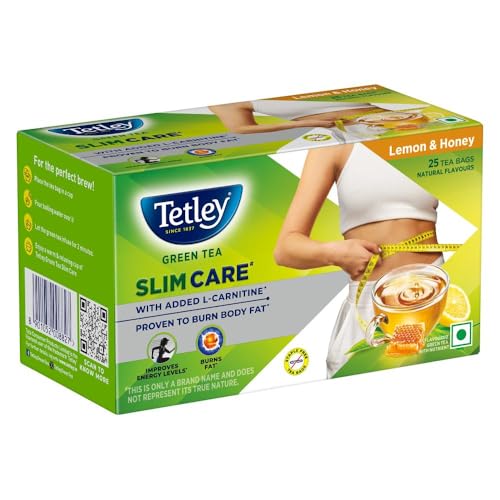 Image of Tetley Green Tea Slim Care, With Added L-Carnitine, Helps Burn Body Fat, Boosts Energy, Low Calories, Delicious Natural Lemon and Honey Flavours, Makes 25 cups (Pack of 3)