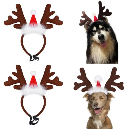 XineYuor Rentier Haarreif Haustier,2 Stück Rentier Haarreif Geweihe Elch Kopfschmuck mit Weihnachtsmütze Weihnachten Stirnband Weihnachtskostüm Hundekostüm ür Haustier Hund Katze